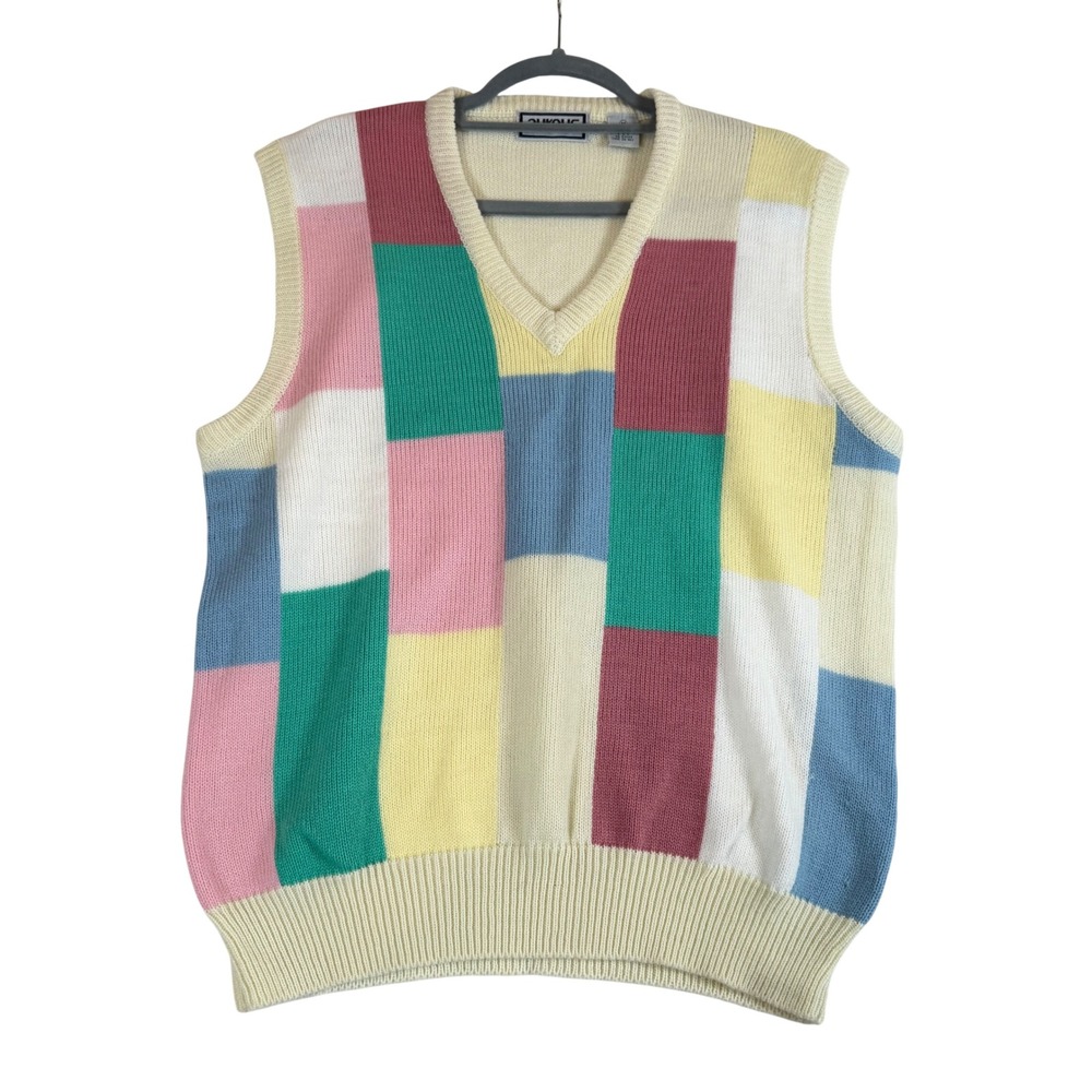 Vtg Aureus Sweater Vest Patchwork Knit Retro Preppy 90's Colorblock V-Neck Sz M